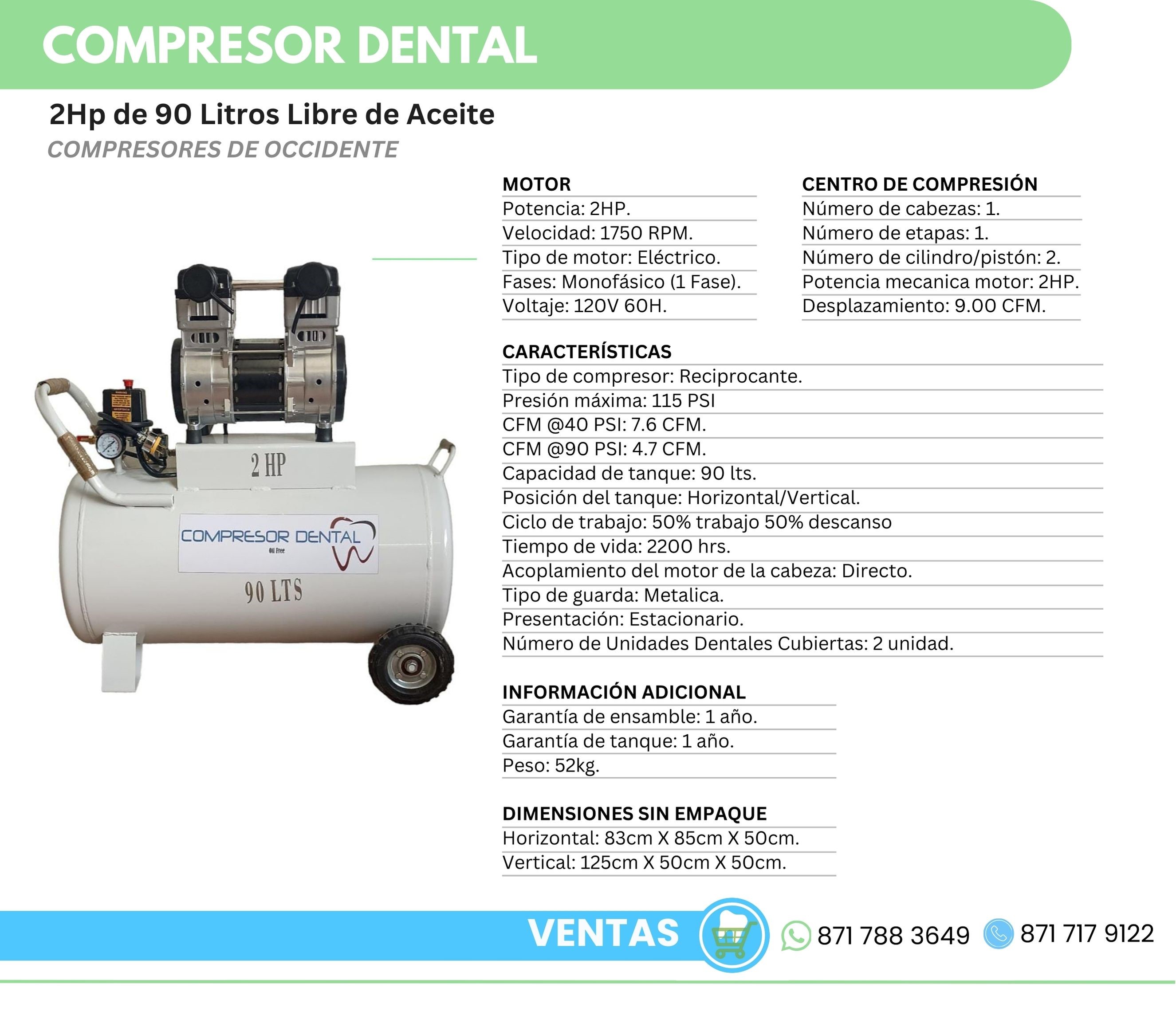 Compresor Dental 2Hp 90 Litros Libre de Aceite Compresores de Occidente Orthosign